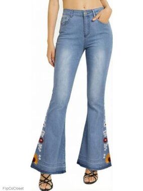 Women's Floral Embroidered Bell Bottom Jeans Stretch Wide Leg Flare Denim Pants